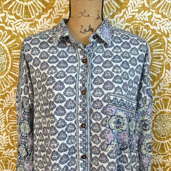 Free People Happy Holibabe Printed Long Sleeve Sleepshirt in Indigo Combo size M - Picture 9 of 16